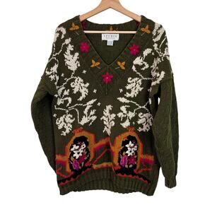 Vtg Studio Michelle Stuart Medium Floral‎ V-Neck Olive Sweater Twee Cottagecore